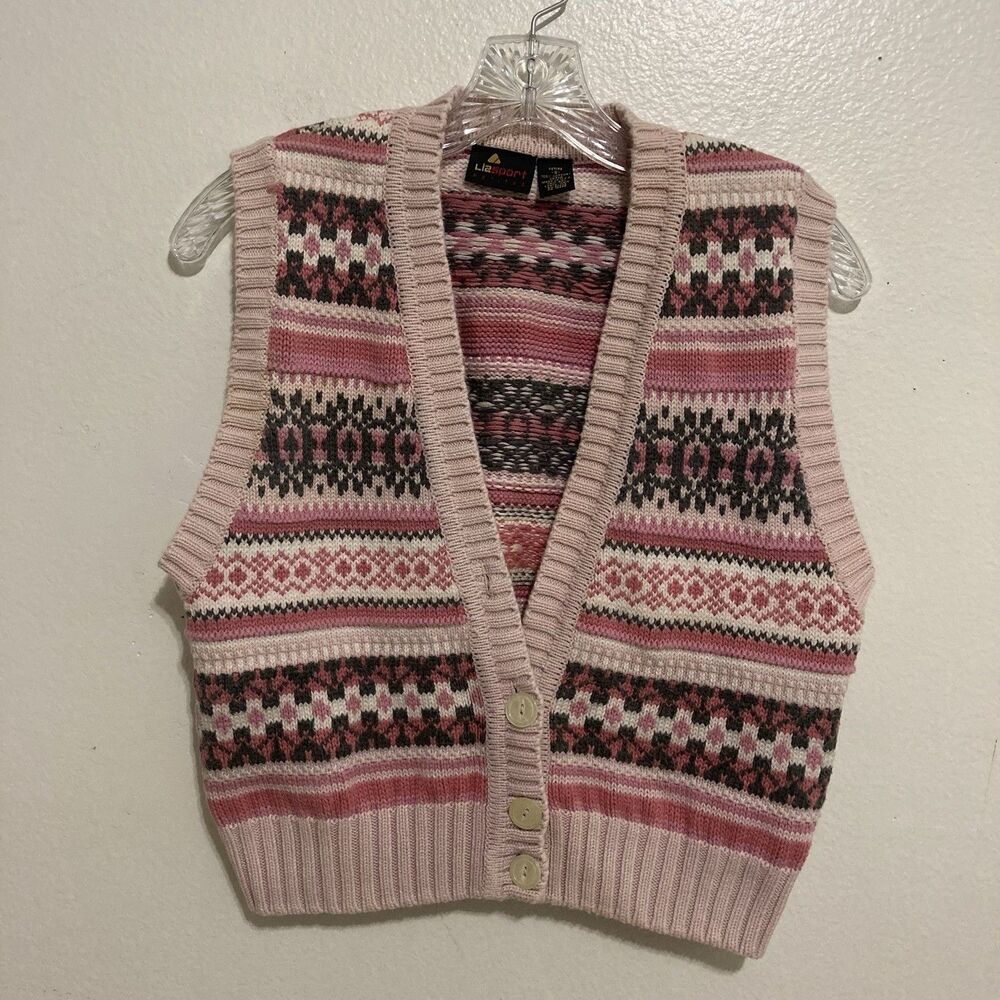 LIZ SPORT pink v-neck sleeveless cotton button up sweater vest PS